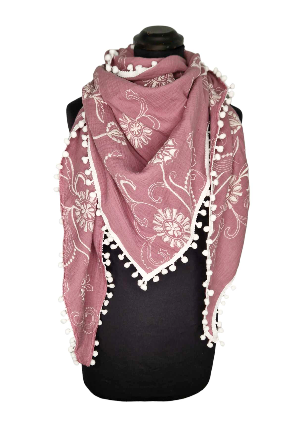 Musselintuch Dreiecksformat Bestickt Blumen mit Bommelborte altrosa