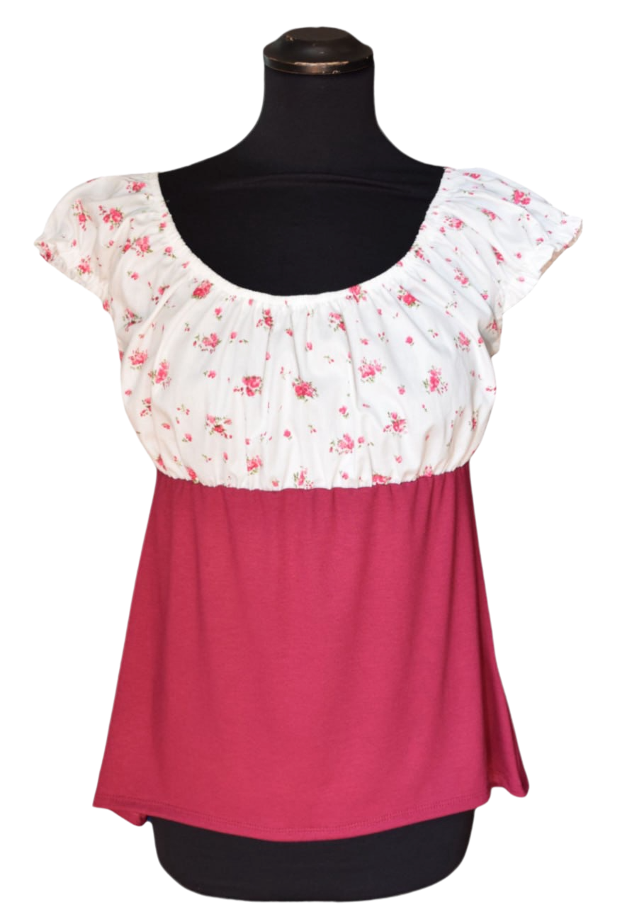 Carmenbluse kurze Puffärmel Blumen Weiß Himbeere