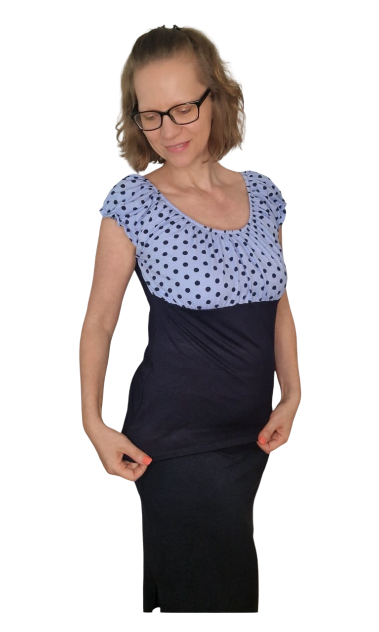Carmenbluse kurze Puffärmel Punkte Babyblau Marine