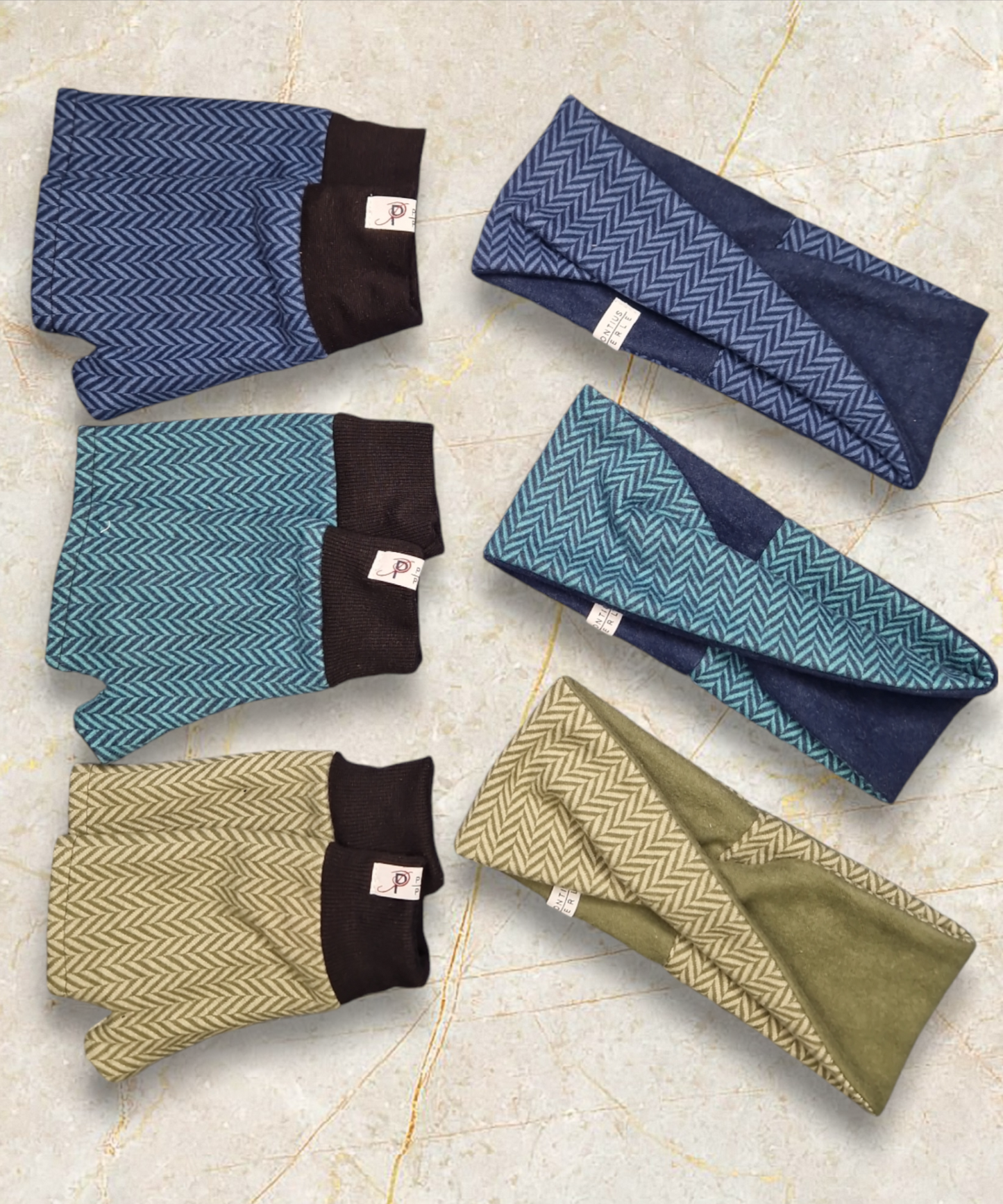 Set Stirnband und Handschuhe zum Wenden Fischgrät Blau