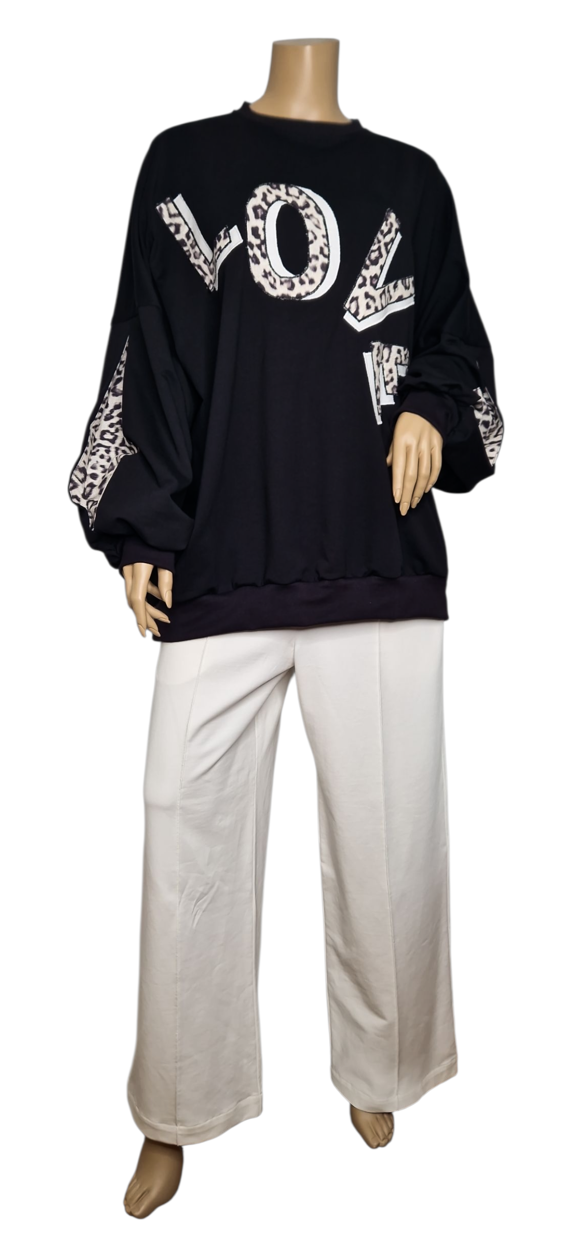 Schwarz Sweatshirt Sommersweat LOVE Leoparden