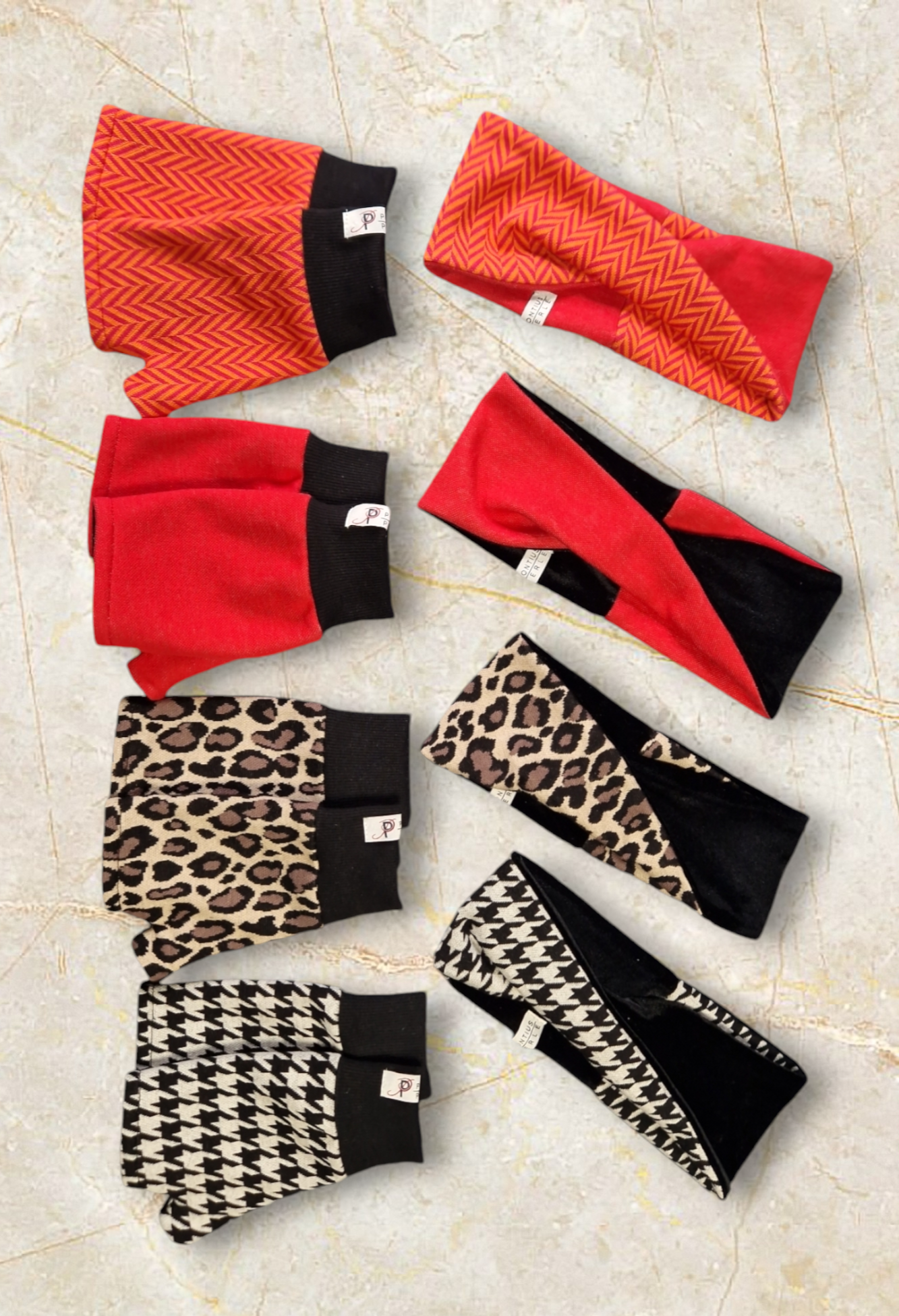 Set Stirnband und Handschuhe zum Wenden Hahnentritt/Samt