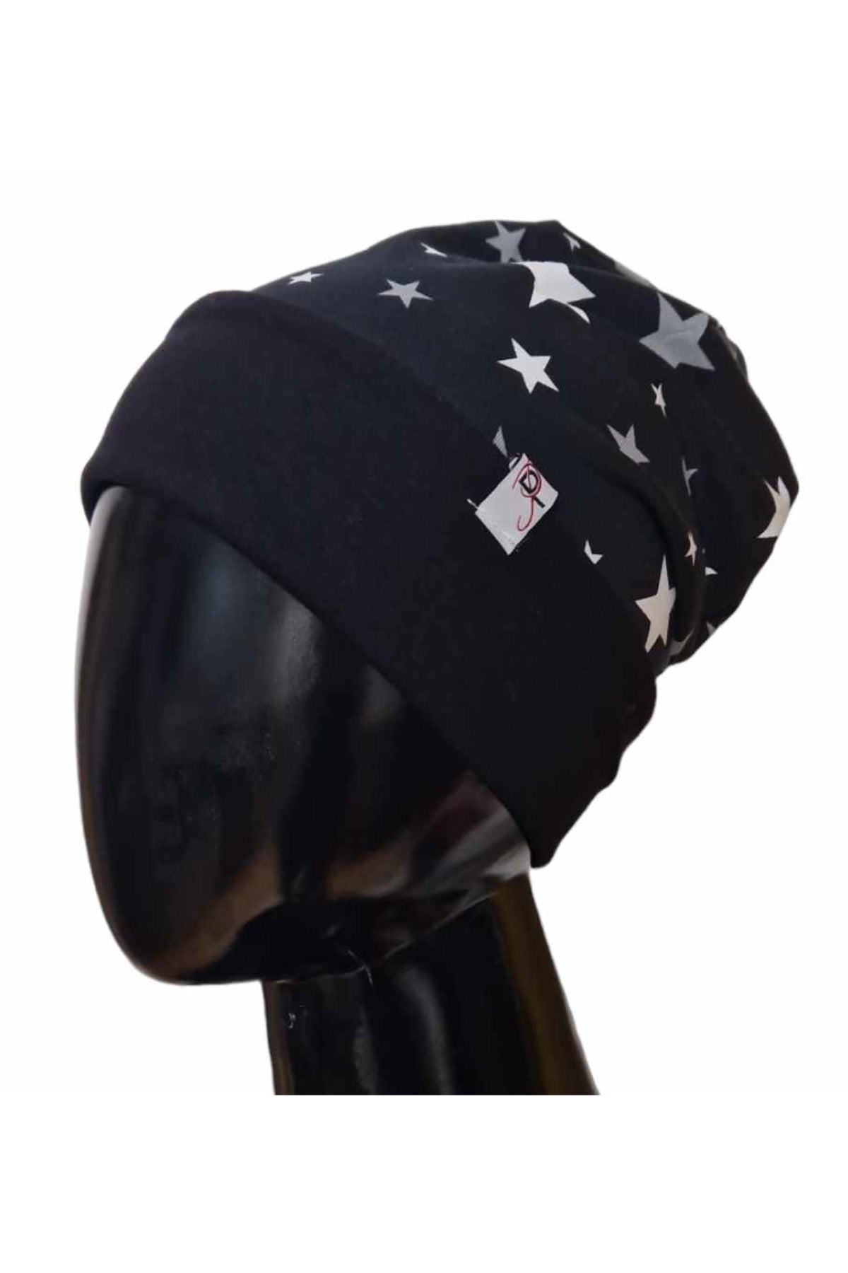 Long Wendebeanie Mütze Baumwolle Sterne schwarz