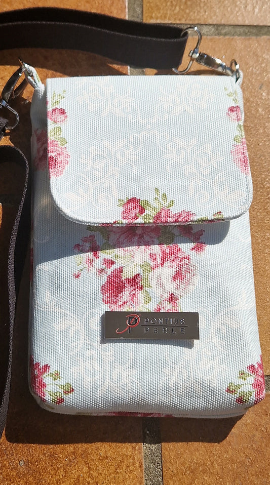 Handytasche zum Umhängen Canvas Blumen Hellblau