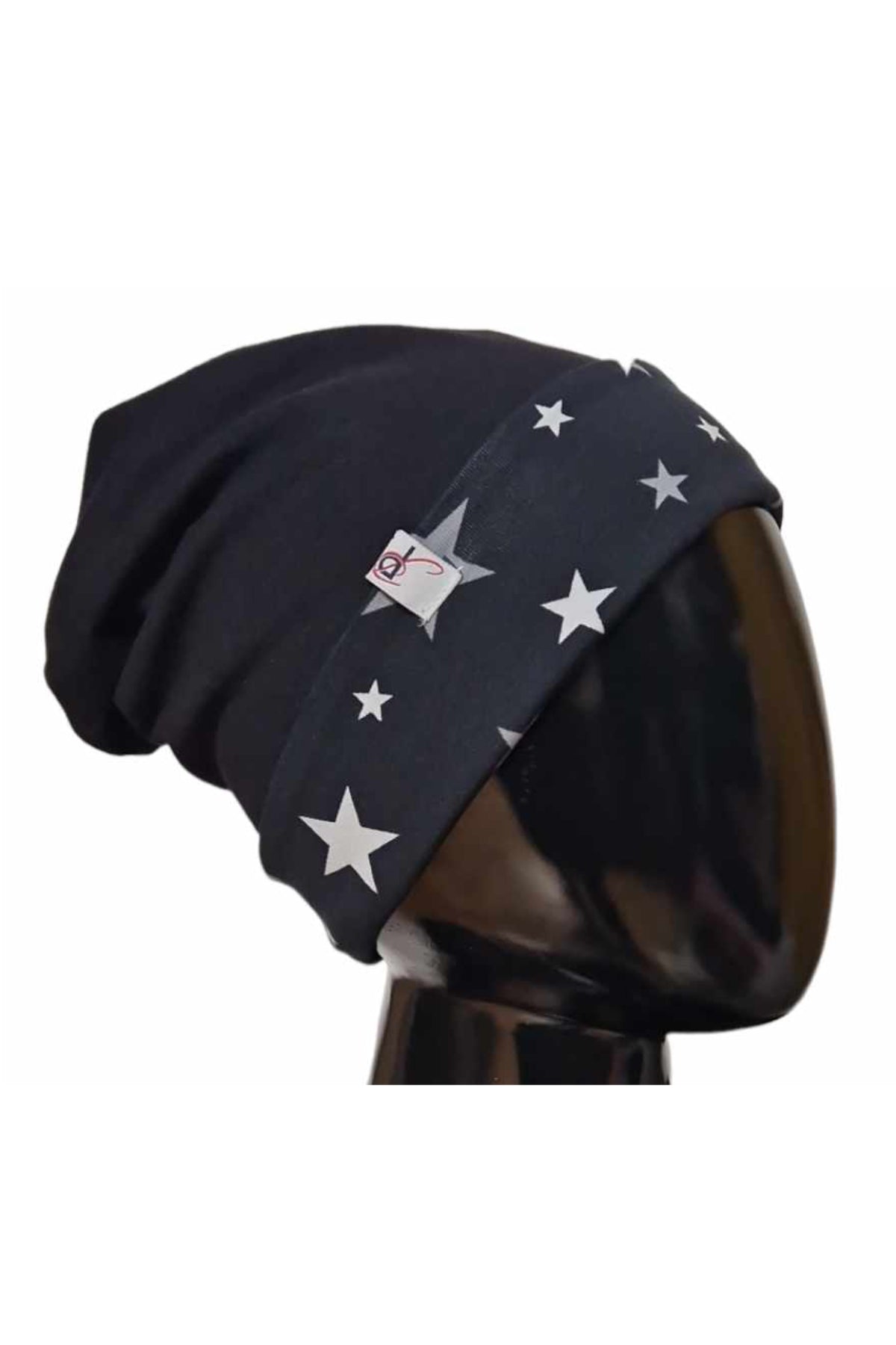 Long Wendebeanie Mütze Baumwolle Sterne schwarz