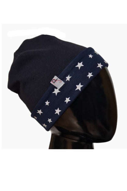 Wendebeanie Mütze Baumwolle Sterne marine