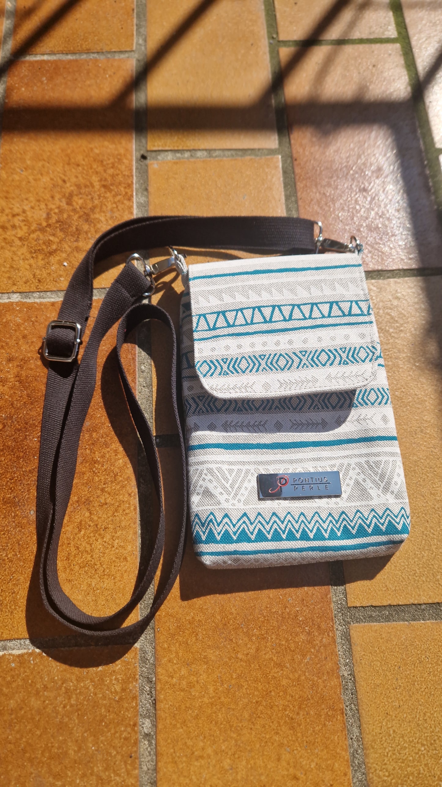 Handytasche zum Umhängen Canvas Streifen Natur und Grün