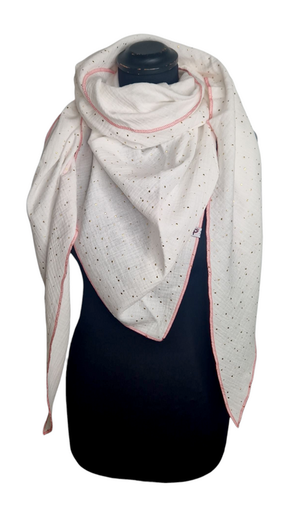 Gold Punkte Musselintuch mit Neonrand-Pink, weiß