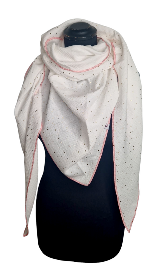 Gold Punkte Musselintuch mit Neonrand-Pink, weiß