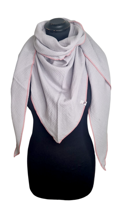 Uni Musselintuch mit Neonrand-Pink, Hellgrau