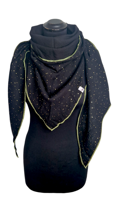 Gold Punkte Musselintuch mit Neonrand-Gelb, Schwarz