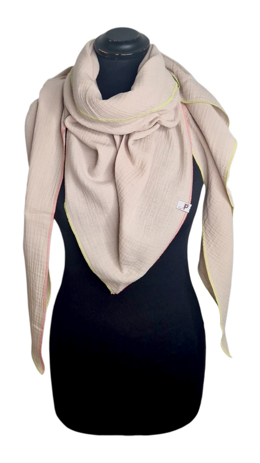 Uni Musselintuch mit Neonrand Beige