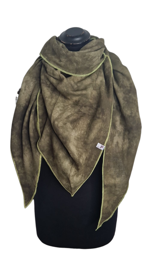 Batik Musselintuch mit Neonrand-Gelb, Khaki