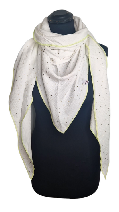 Gold Punkte Musselintuch mit Neonrand-Gelb, weiß