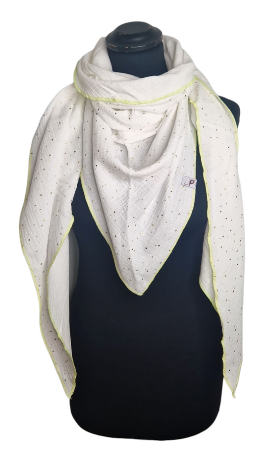 Gold Punkte Musselintuch mit Neonrand-Gelb, weiß