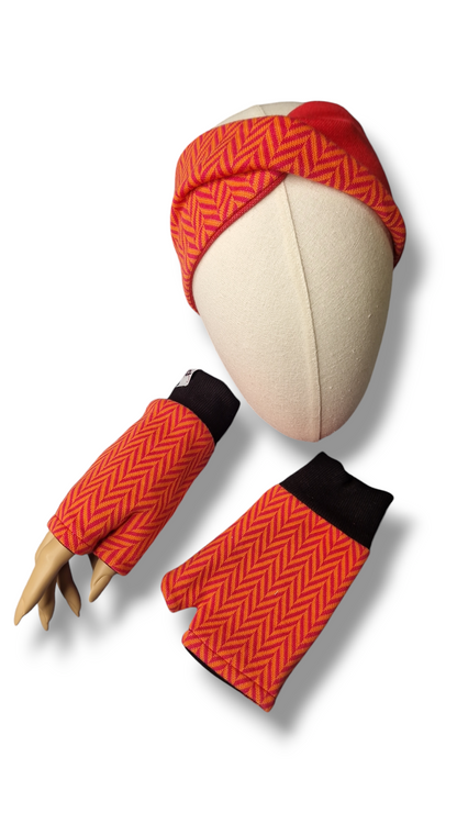 Set Stirnband und Handschuhe zum Wenden Fischgrät Himbeere/Koralle