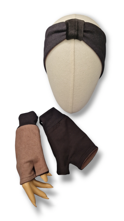 Set Stirnband und Handschuhe zum Wenden Taupebraun