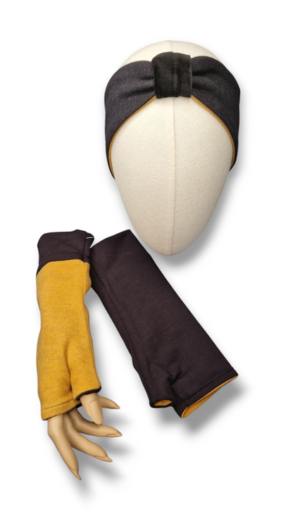 Set Stirnband und Lange Handschuhe zum Wenden Senf