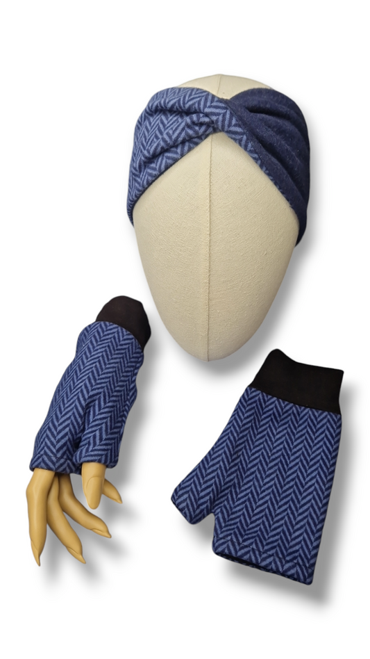 Set Stirnband und Handschuhe zum Wenden Fischgrät Blau