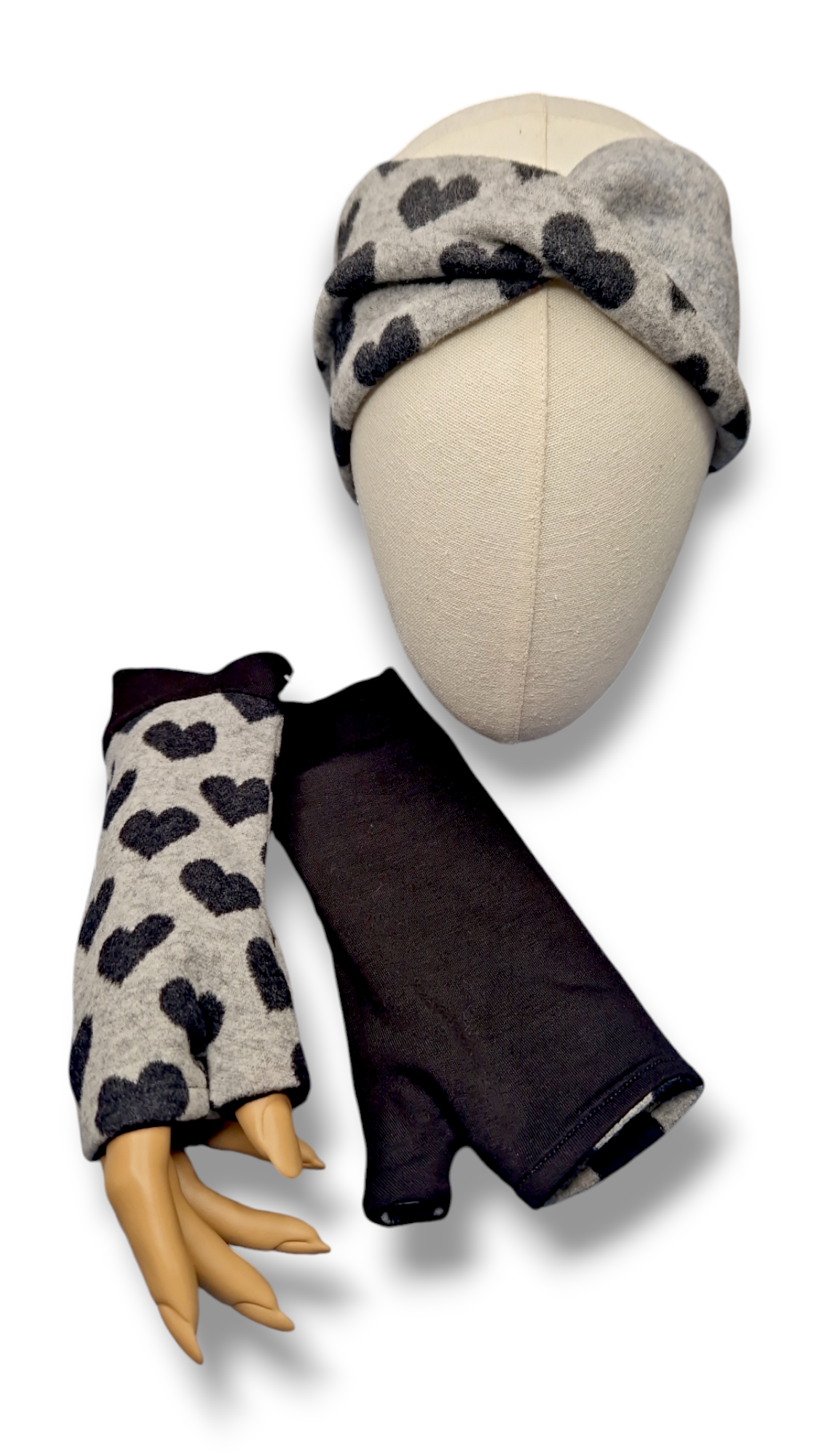 Set Stirnband und Lange Handschuhe zum Wenden Herz Hellgrau