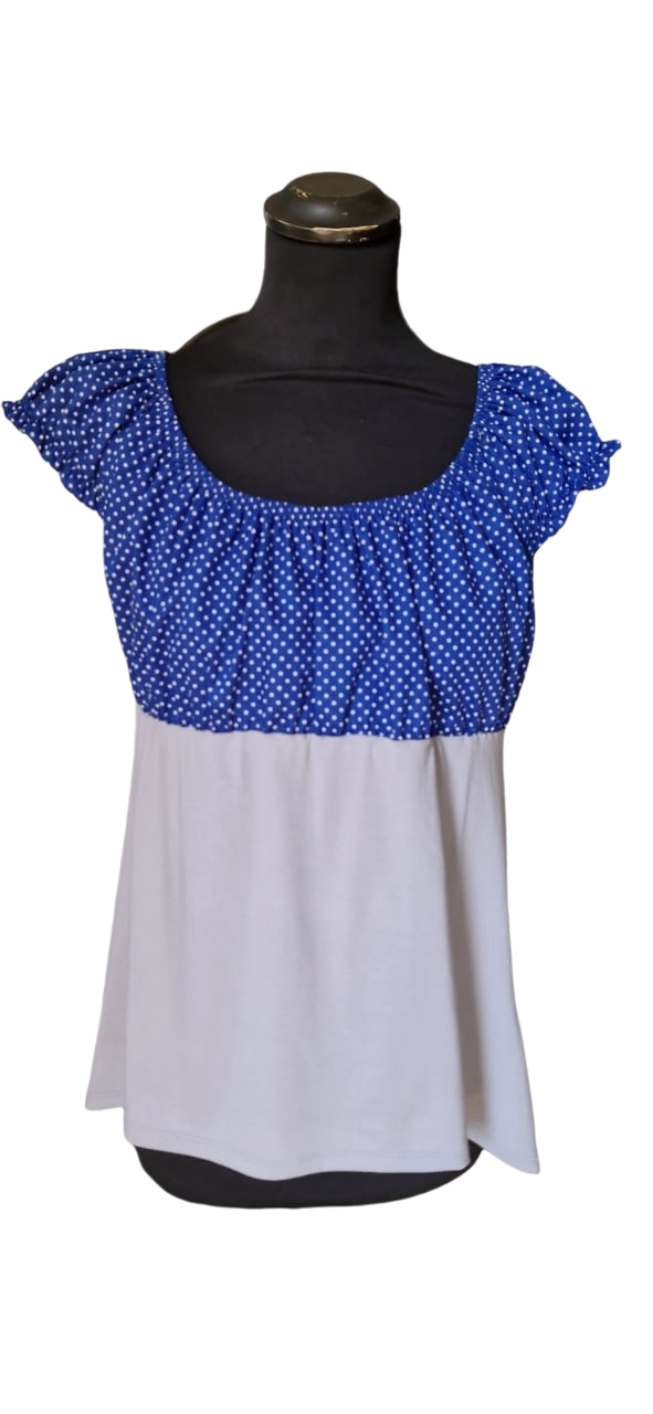 Carmenbluse kurze Puffärmel Punkte Royal Hellgrau