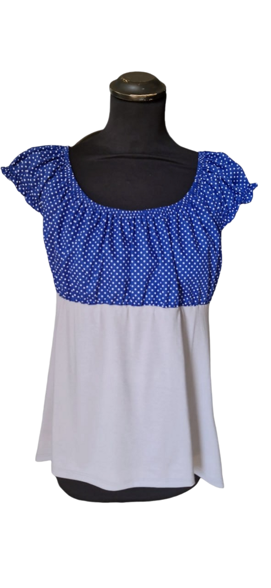 Carmenbluse kurze Puffärmel Punkte Royal Hellgrau