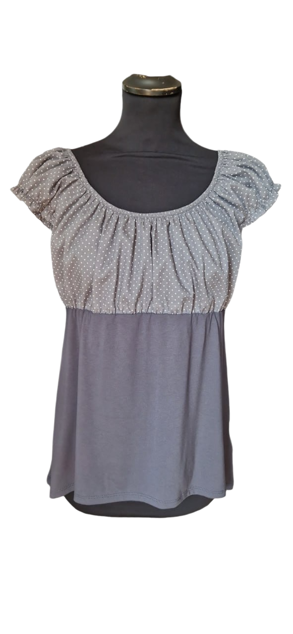 Carmenbluse kurze Puffärmel Punkte Grau