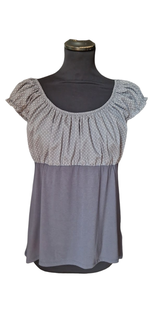 Carmenbluse kurze Puffärmel Punkte Grau