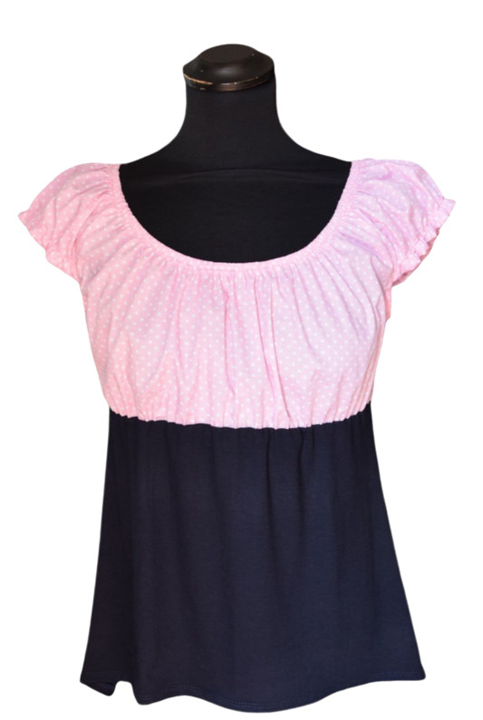 Carmenbluse kurze Puffärmel Punkte-Hellblau