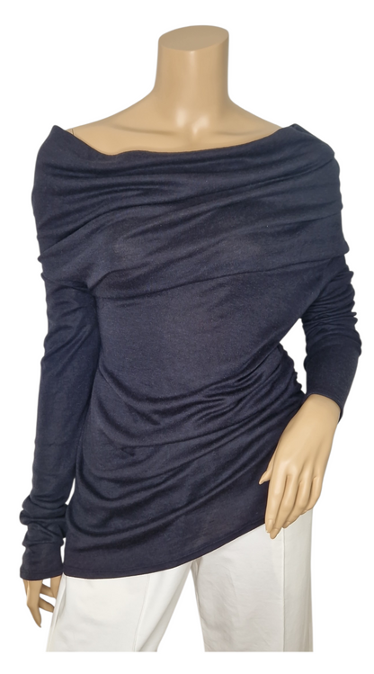 Schulterfreier Feinstrick Pullover mit Wasserfall - Ausschnitt Dunkelblau-Grau