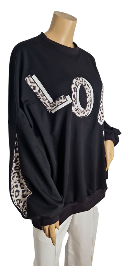 Schwarz Sweatshirt Sommersweat LOVE Leoparden