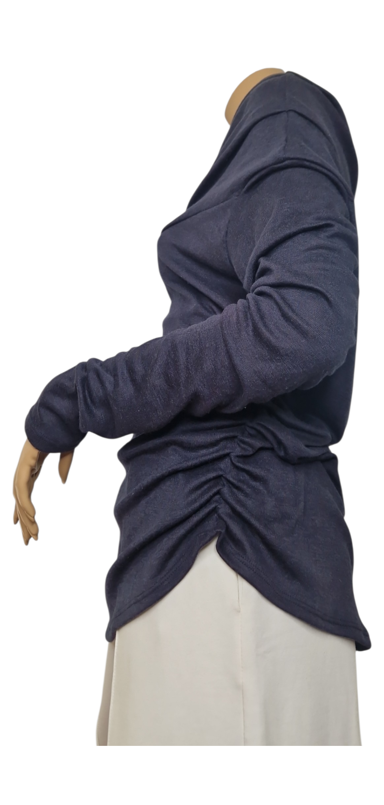 Schulterfreier Feinstrick Pullover mit Wasserfall - Ausschnitt Dunkelblau-Grau