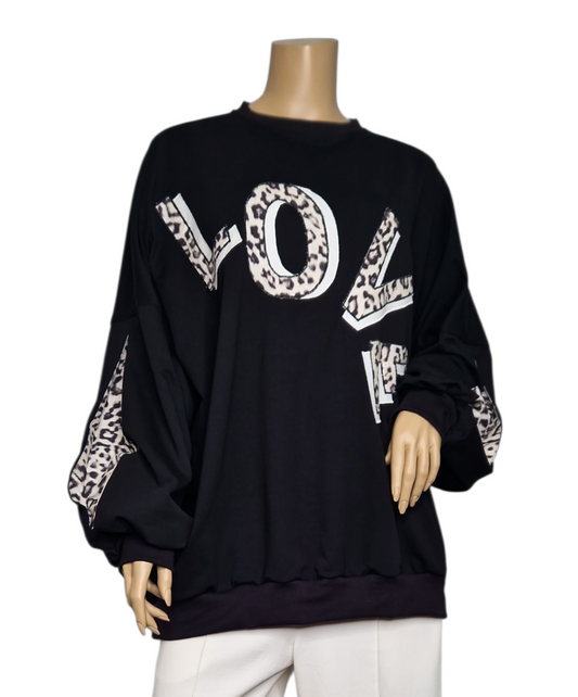 Schwarz Sweatshirt Sommersweat LOVE Leoparden