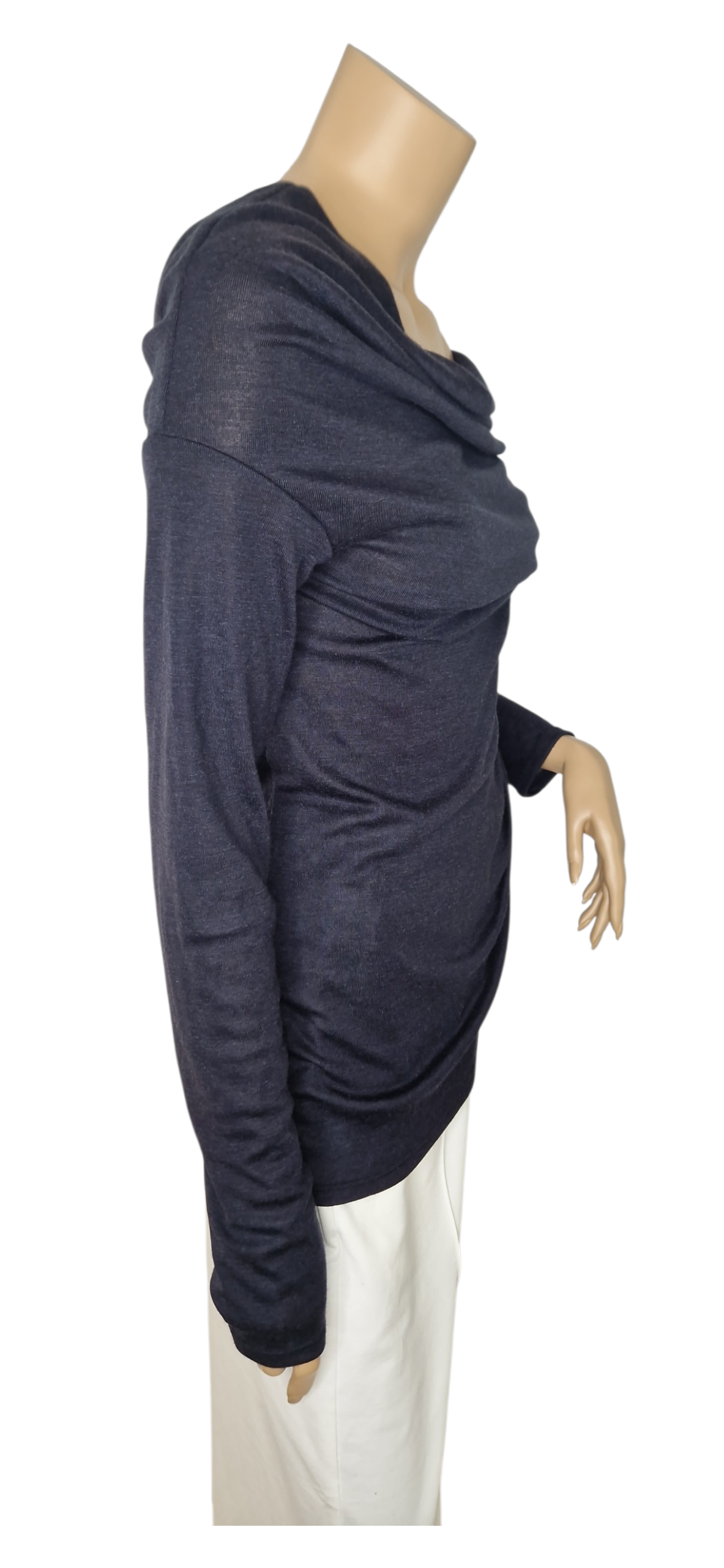 Schulterfreier Feinstrick Pullover mit Wasserfall - Ausschnitt Dunkelblau-Grau