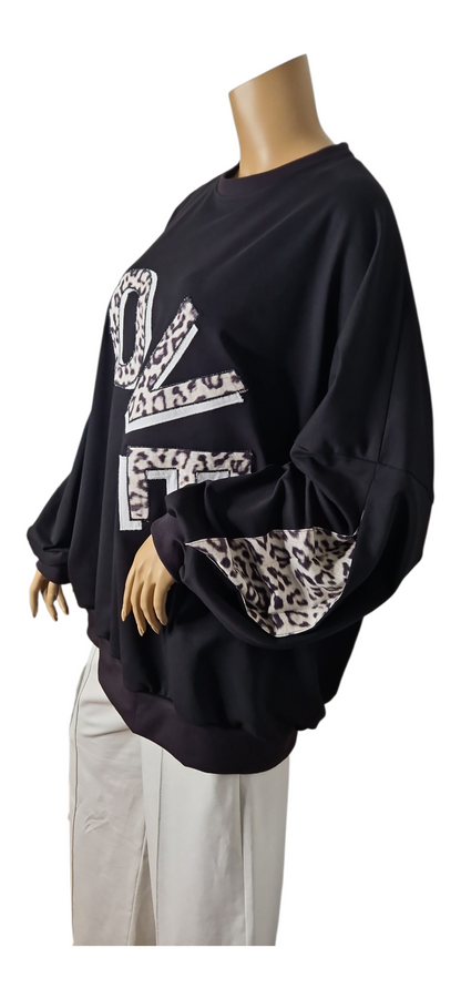 Schwarz Sweatshirt Sommersweat LOVE Leoparden