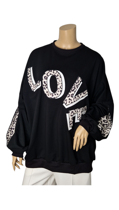 Schwarz Sweatshirt Sommersweat LOVE Leoparden