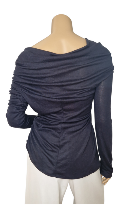 Schulterfreier Feinstrick Pullover mit Wasserfall - Ausschnitt Dunkelblau-Grau