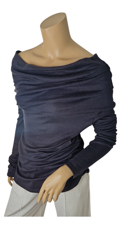 Schulterfreier Feinstrick Pullover mit Wasserfall - Ausschnitt Dunkelblau-Grau