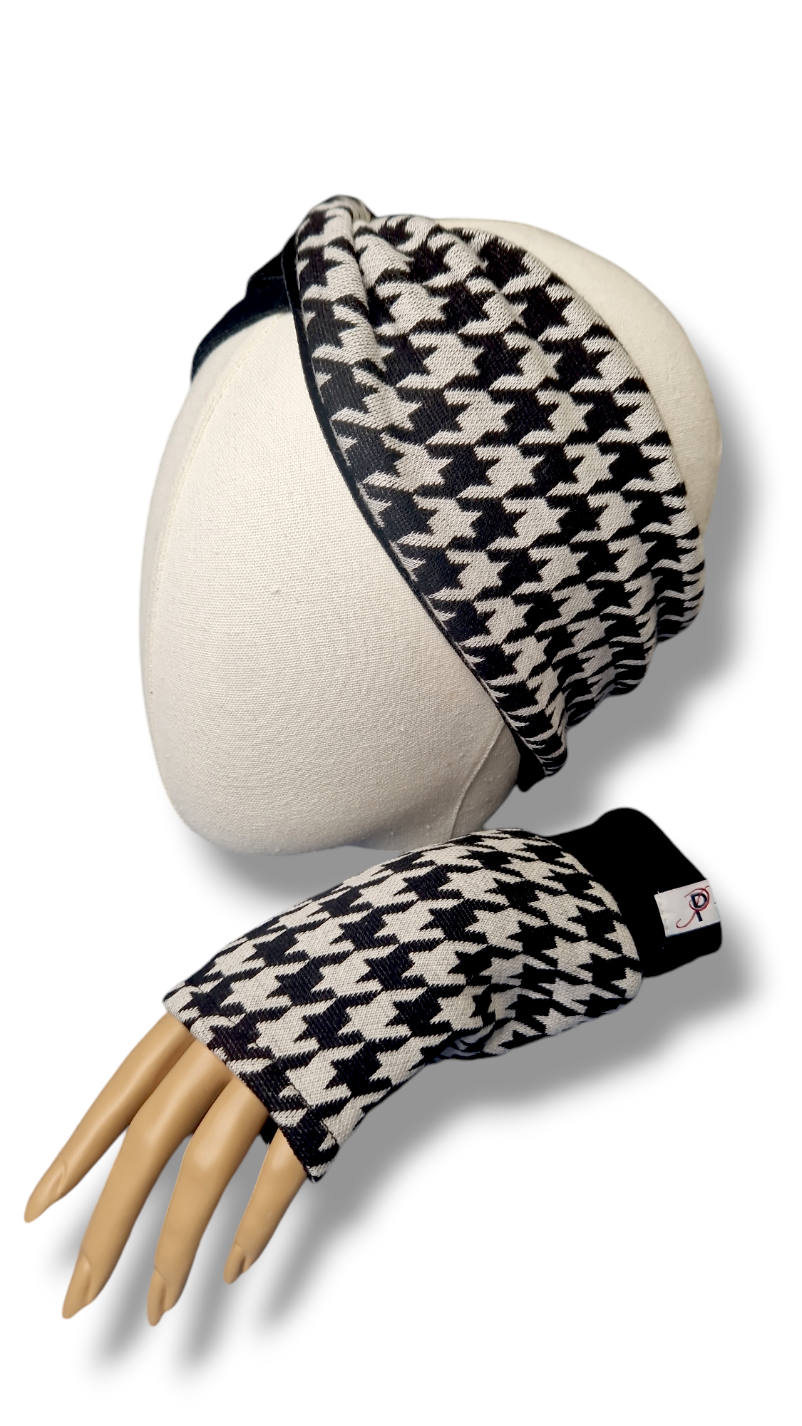 Set Stirnband und Handschuhe zum Wenden Hahnentritt/Samt