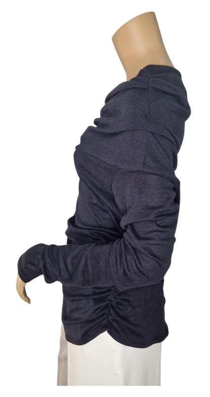 Schulterfreier Feinstrick Pullover mit Wasserfall - Ausschnitt Dunkelblau-Grau