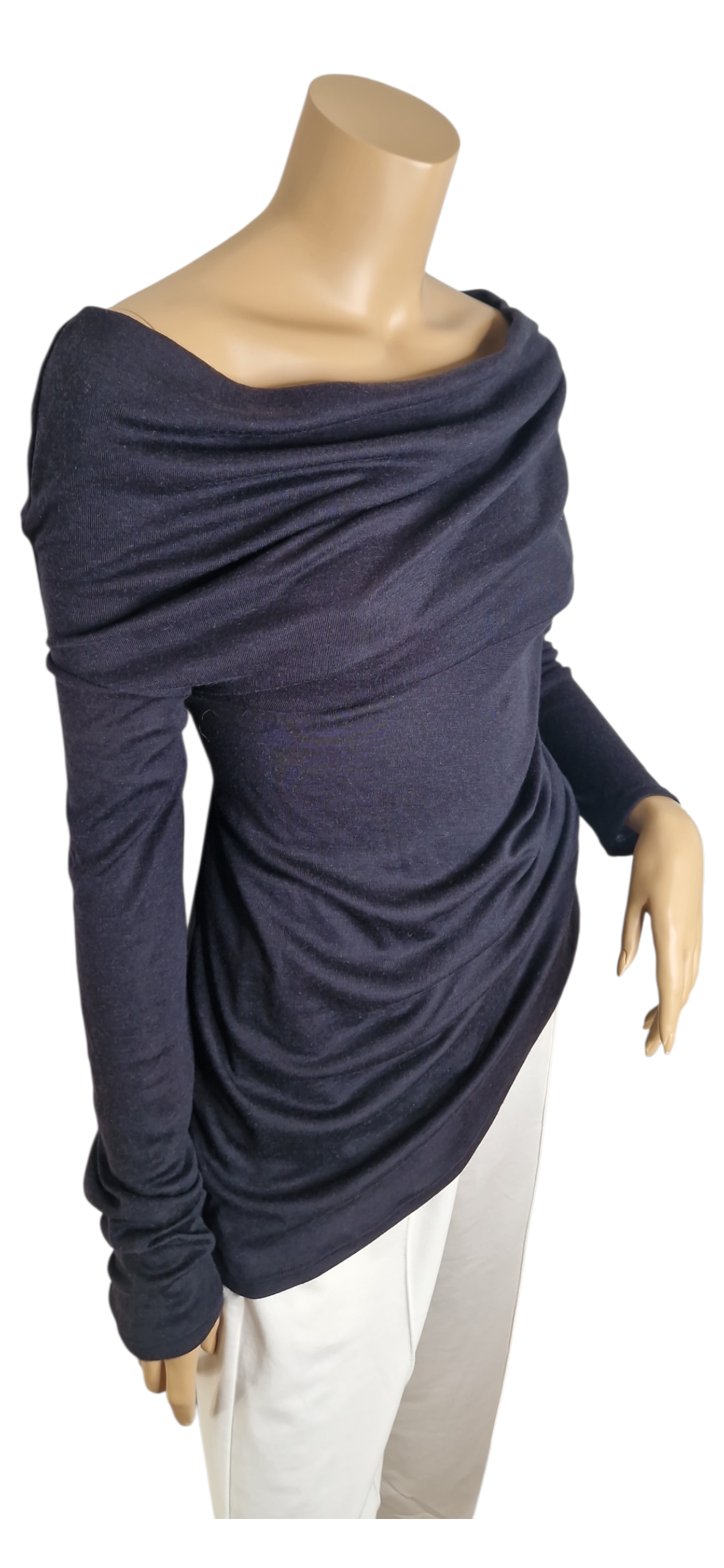 Schulterfreier Feinstrick Pullover mit Wasserfall - Ausschnitt Dunkelblau-Grau