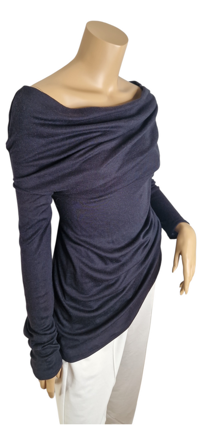 Schulterfreier Feinstrick Pullover mit Wasserfall - Ausschnitt Dunkelblau-Grau